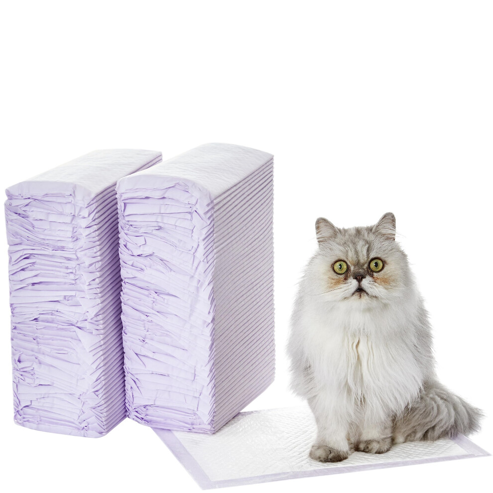 Amazon Basics Cat Pee Pads 100 Count Universal Fit for Litter Box Odor Control Unscented White/Purple