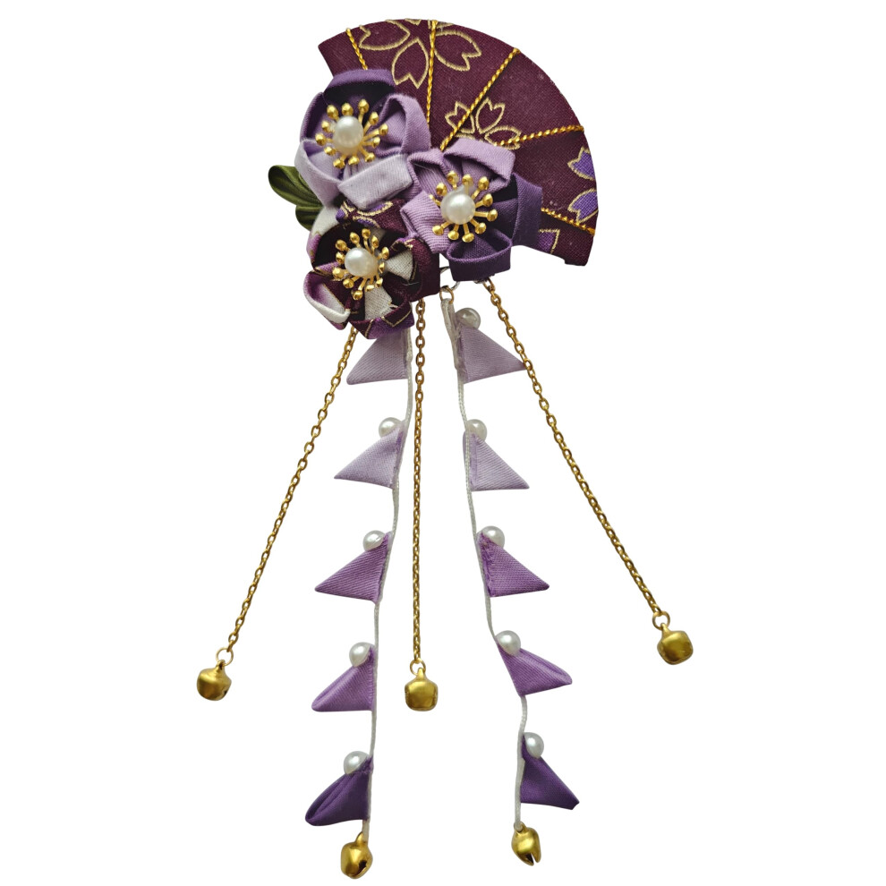 Crb Fashion Womens Kimono Traditional Tsumami Kanzashi Outfit Wedding Japanese Asian Yukata Hair Tie Flower Floral Sakura Fan Barrette Clip (Purple #2
