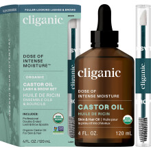 Cliganic Biologische Ricinusolie, 100% Puur (4oz Glazen Fles met Wimperset) - Voor Wimpers, Wenkbrauwen, Haar & Huid