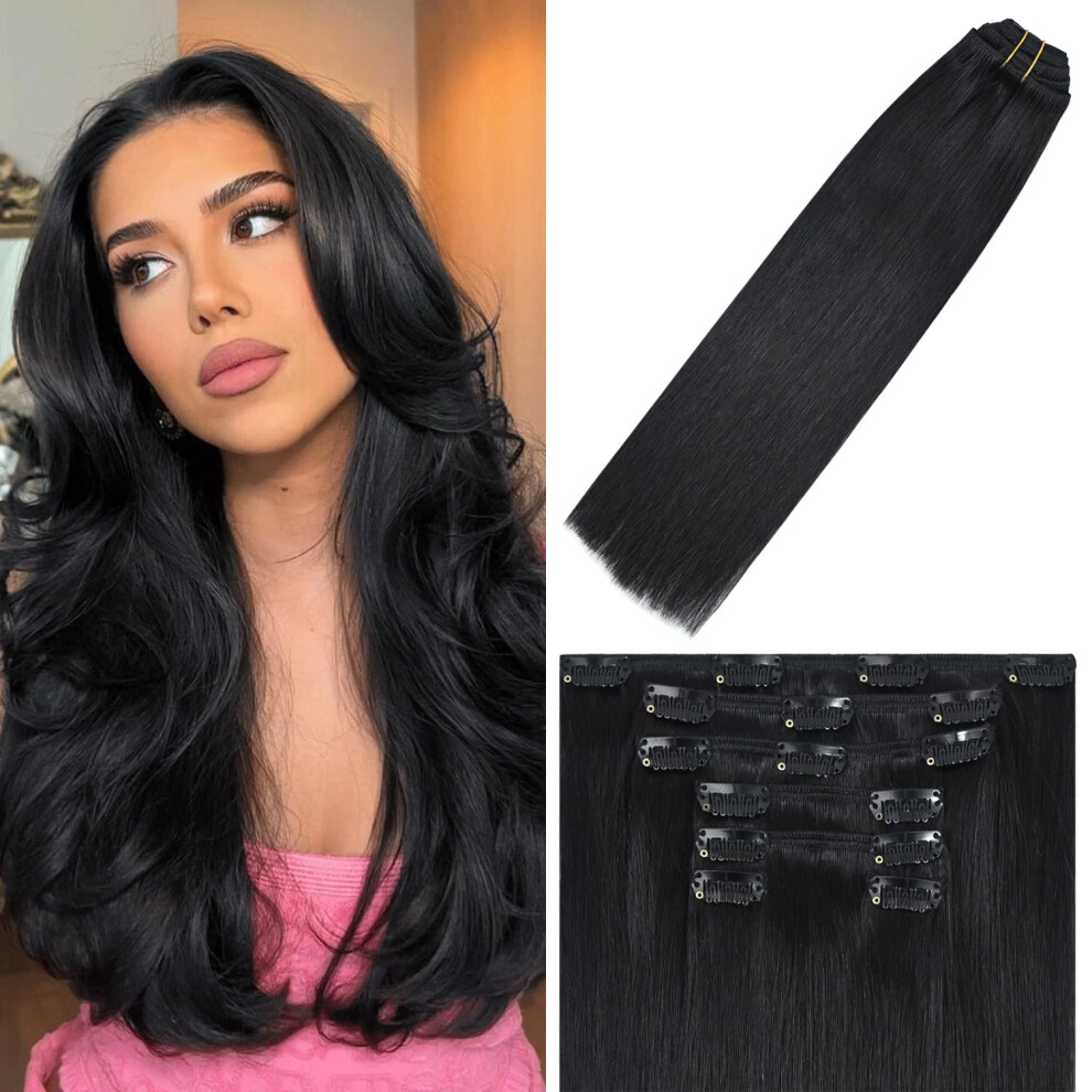 Windtouch Unisex Black Clip In Hair Extensions Real Human Hair Hair Extensions Remy Hair 7Pcs 18 Inch 75G #1B Natural Clip Ins Real Human Hair Wo