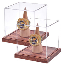2-Pack Kampioensring Display Case, Geen Montage Vereist, Acryl Ring Houder met Houten Basis