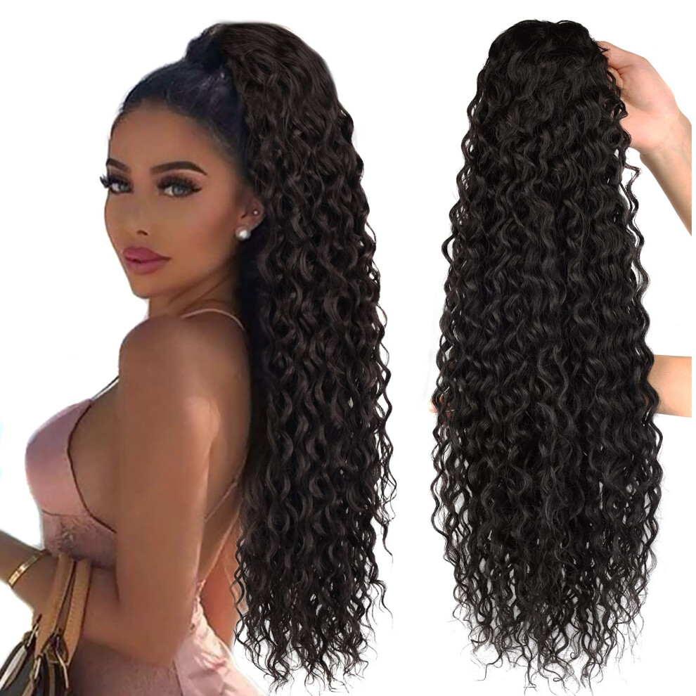 Yibang Brown Ponytail Extensions-Curly Drawstring Ponytail-Extension Real Human Hair Feeling Long 24Inch Wave Clip In Hair Extensions Ponytail Synthet