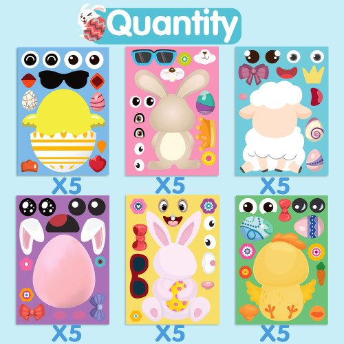 Joy Bang 30 Sheets Easter Stickers for Kids  Easter Crafts  Easter Games Make Your Own Easter Egg Bunny Face Stickers DIY  Easter Activities for 1