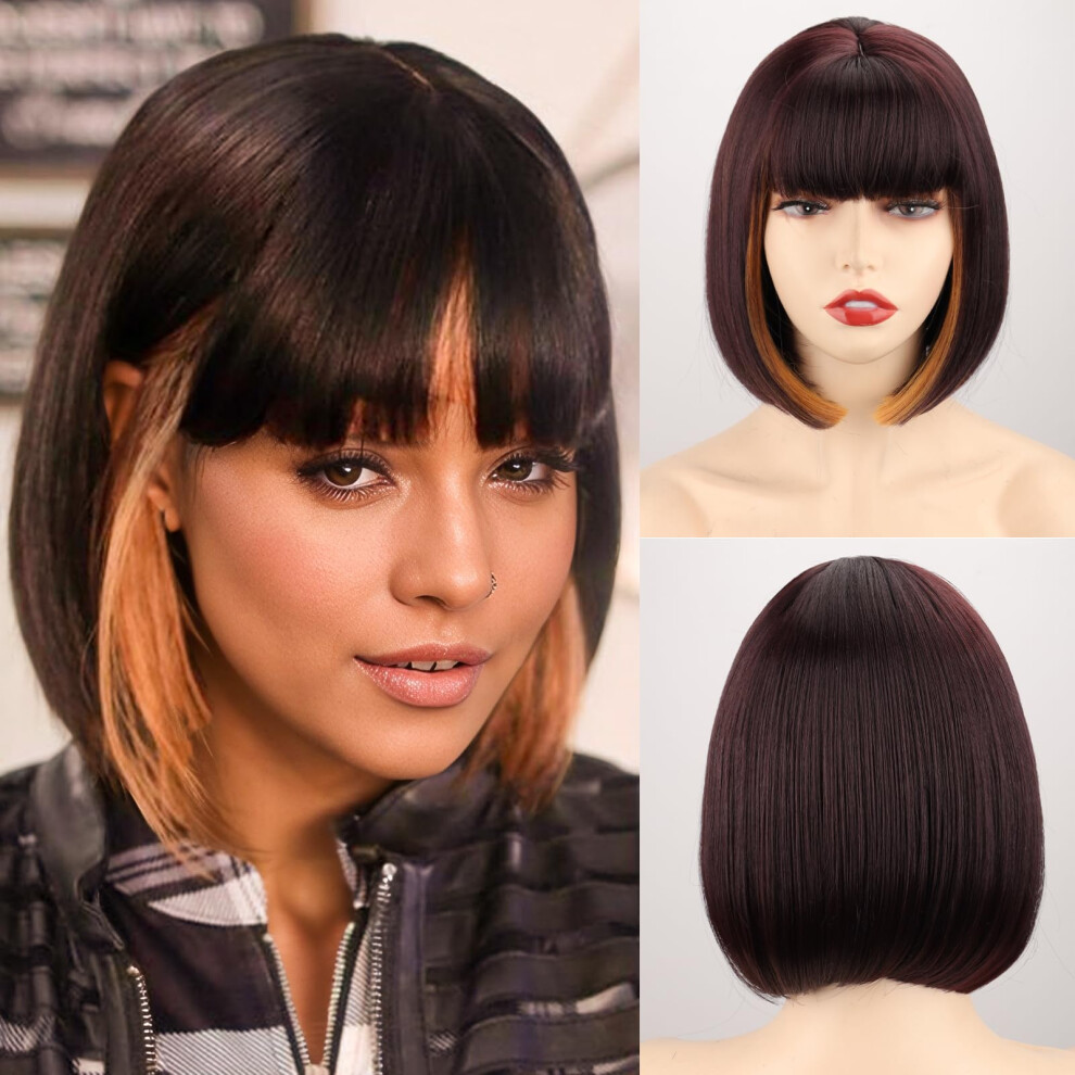 Werd Unisex Brown Short Bob Wig With Bangs Synthetic Hair For Women Mixed Blonde Highlights Wigs Or Cosplay Party Daily Halloween