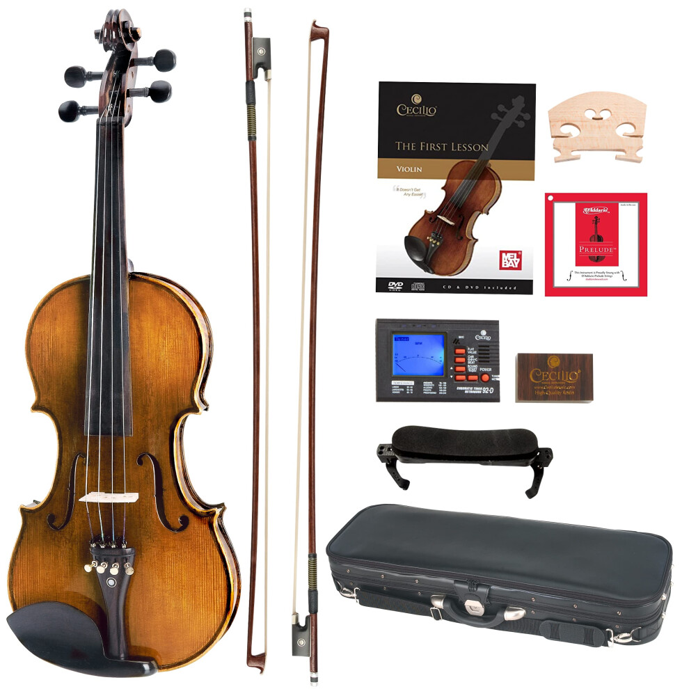 Cecilio CVN-600 Hand Oil Rub Highly Flamed 1-Piece Back Solidwood Violin with D'Addario Prelude Strings Size 4/4 (Full Size)