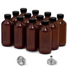 12 Pack 2oz Amber Glass Bottles for Vanilla Extract Boston Round Leak-Proof Brown Glass Jars with Caps Bonus Funnel - Ideal for Homemade Extrac