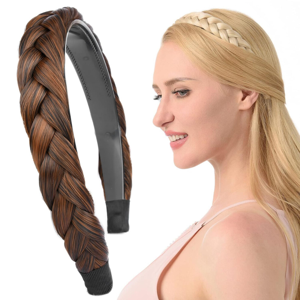 Diguan Headband Synthetic Hair Plaited Headband Braid Braided With Teeth Hair Band Accessories For Women Girl Width 1 Inch (Dark Copper)