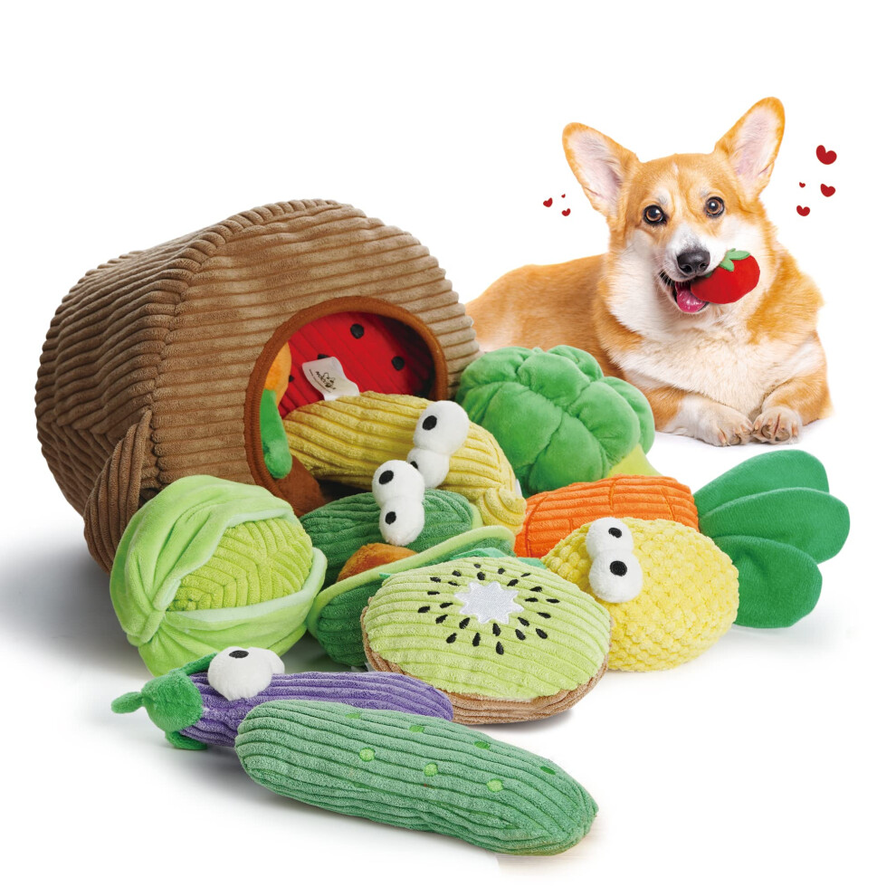 Nocciola Small Squeaky Crinkle Dog Toys- 15 Packs Grocery Basket Fruits Veggies Puppy Toys to Keep Busy Cute Durable Plush Stuffed Hide Seek Cognitiv