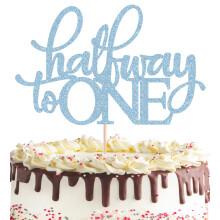 Half Way to One Cake Topper - Glitter lysebl? 6 m?neders kagepynt tilbeh?r Baby pige dreng 1/2 halv f?dselsdag dekoration til baby Happy 6 m?nede