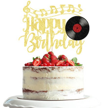 Dxsdgetue Gold Glitter Record Happy Birthday Cake Topper Vinyl Record Retro Rock and Roll Music Cake Decor CD Hip Hop Dancing Ball Music Theme Bi