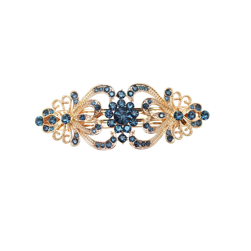 Faship Gorgeous Navy Blue Rhinestone Crystal Hearts And Floral Hair Barrette