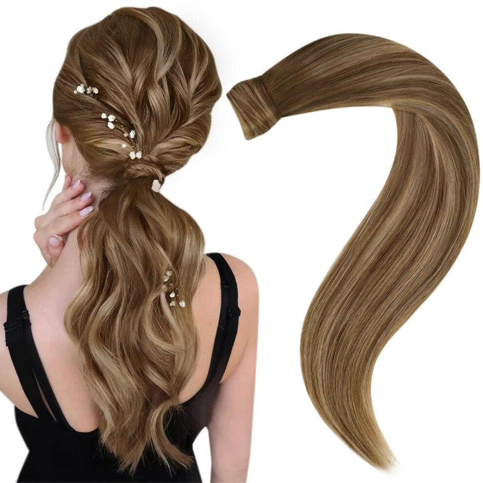 Easyouth Unisex Brown Pony Tails Hair Extensions Human Hair Ombre Ponytail Hair Extensions Medium Balayage Honey Blonde Ponytail Extension Human Hair Realist