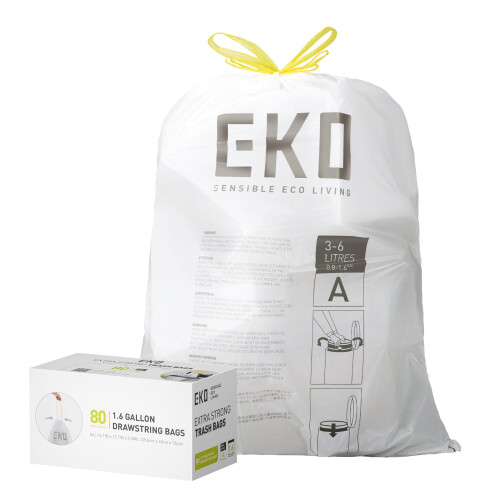 EKO Easy-Dispense Roll 80 Count Extra-Strong Drawstring Small Trash Bag  1.6 Gallon Trash Bag (3-6L) 1 Pack White  Code A
