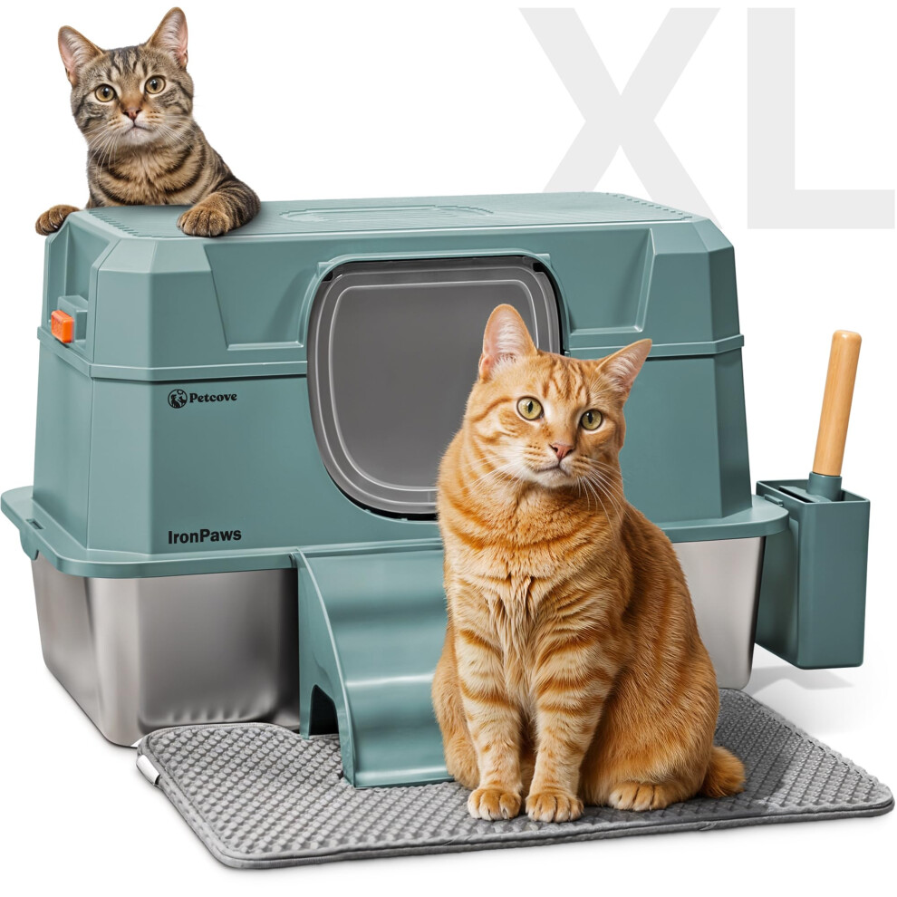 Stainless Steel Litter Box With Built-in Odor Control - 28L XL Enclosed Metal Cat Litter Box For Large Cats High Sided 3 in1 XXL Extra Large Deep Boxe
