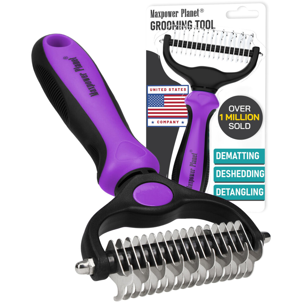 Maxpower Planet Pet Grooming Brush - Double Sided Extra Wide for Dogs and Cats - Dematting Undercoat Rake Reduces Shedding by 95% Purple