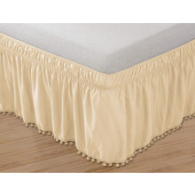 Elegant Comfort Top-Knot Tassle Pompom Fringe Ruffle Skirt Around Style Elastic Bed Wrap- Wrinkle Resistant 16 inch Drop Twin/Full Beige