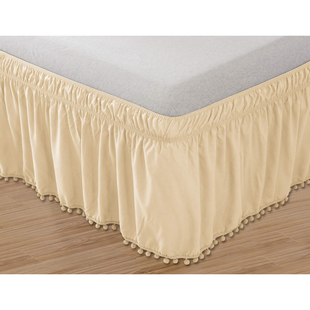 Elegant Comfort Top-Knot Tassle Pompom Fringe Ruffle Skirt Around Style Elastic Bed Wrap- Wrinkle Resistant 16 inch Drop Twin/Full Beige