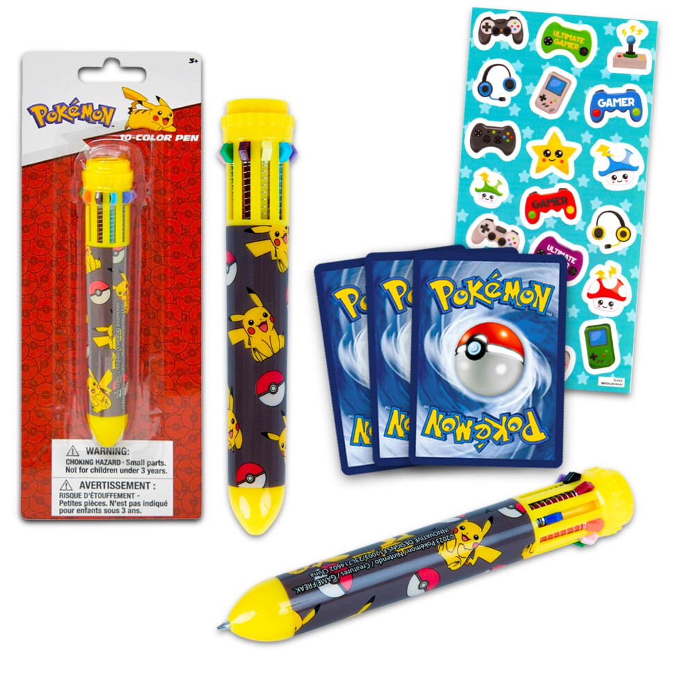 Pokemon Pen Set - 10 Color in One Pokemon Ballpoint Pen Gift Bundle for Kids Featuring Pikachu Plus Pokemon Cards and Stickers | Pokemon Stationery fo