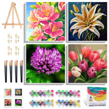 PRASIO Confezione da 4 kit di pittura con i numeri per adulti su tela incorniciata con cavalletto in legno Fiori Kit di pittura facile con i nume