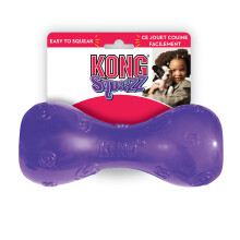 KONG - Squeezz Dumbbell - Strong Squeaky Dog Toy Squeaks even if punctured - For Medium Dogs (Assorted Colors)