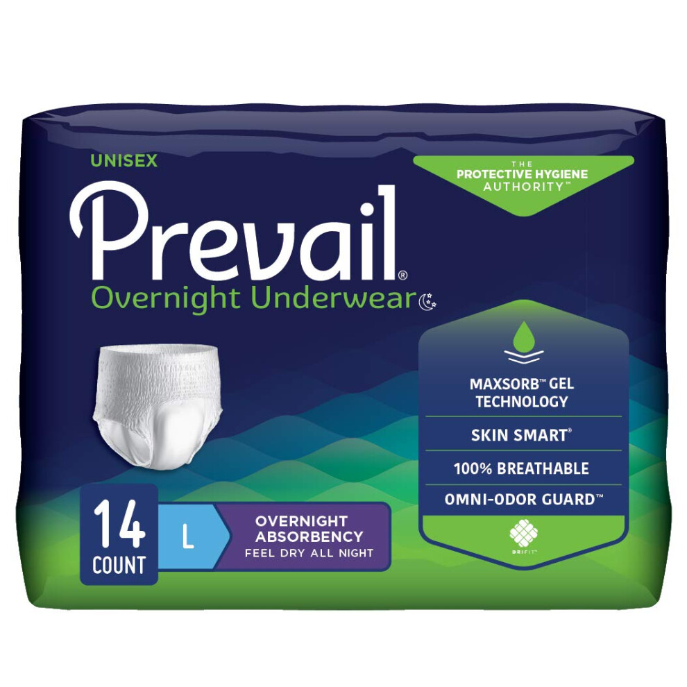 Prevail Incontinence Unisex Overnight Protective Underwear Overnight Absorbency Large 14 Count
