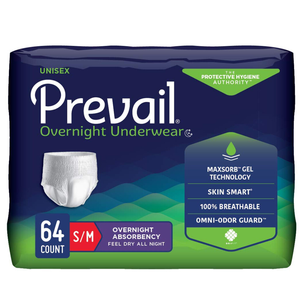 Prevail Incontinence Unisex Overnight Protective Underwear Overnight Absorbency Small/Medium 64 Count