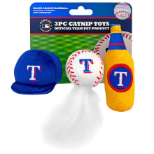 BEDSTE PLYSKATLEGET?J: MLB TEXAS RANGERS Komplet s?t med 3 stykker katteleget?j fyldt med frisk katteurt. Indeholder: 1 baseball kasket kattelege