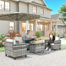 Outsunny 5 PCs Rattan Garden Furniture Set with Fire Pit Table, Grey