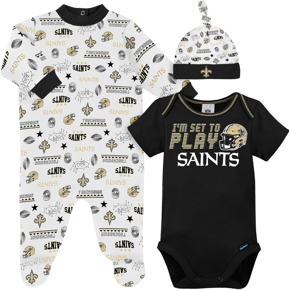 Gerber NFL New Orlean Saints 3 Pack Bodysuit Sleep n Play Footie Cap Registry Gift Set  black/white New Orlean Saints  3-6M