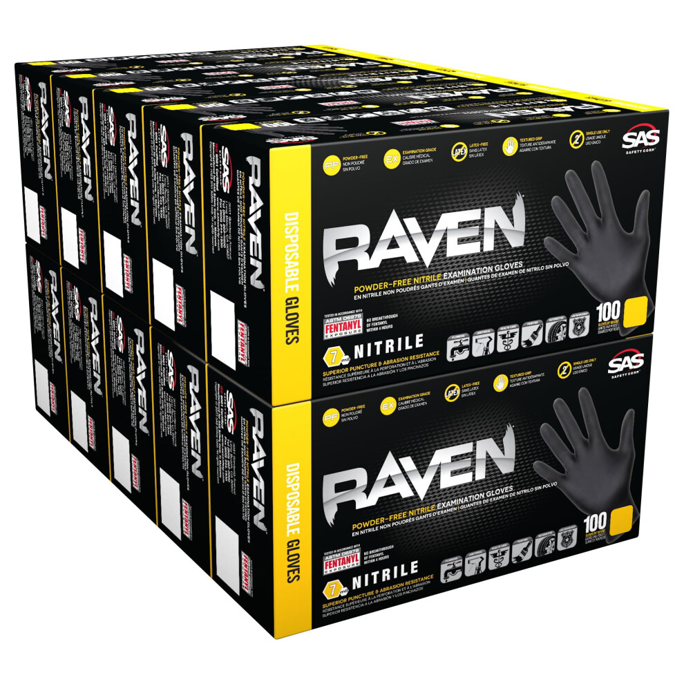 10 Pack SAS Safety 66519 Raven 6 mil Black Nitrile Disposable Gloves - X-Large (100 Gloves per Box)-image-OPC-PHFP6D7-NEW