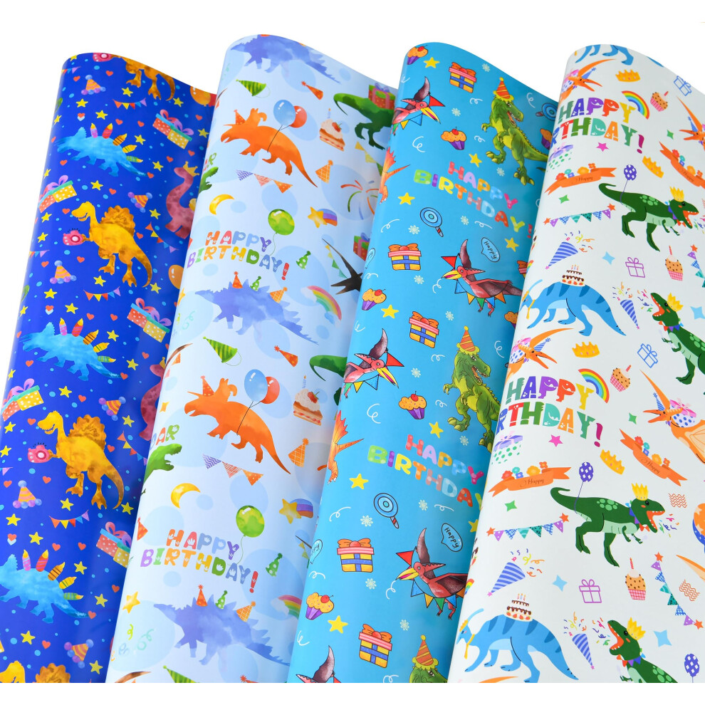 Titiweet Dinosaur Anniversaire Emballage Papier D'anniversaire Papier D'emballage Pour Gar Ons Filles 6 Grandes Feuilles Dino Anniversaire Cadeau-image