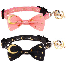 2 Stck Breakaway-Katzenhalsband mit Fliege und Glckchen, goldener Mond, leuchtender Stern im Dunkeln fr Ktzchen (schwarz und rosa)