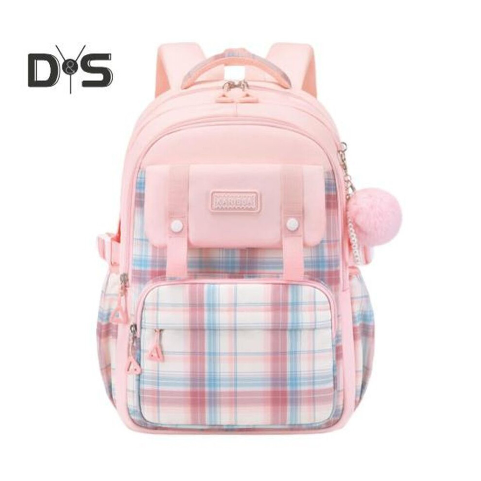 (pink) Student Backpack With Plush Doll Pendant Multi Compartments Large Capacity Sweet Color Waterproof Pupil School Bag Travel Outdoor Activities Storage