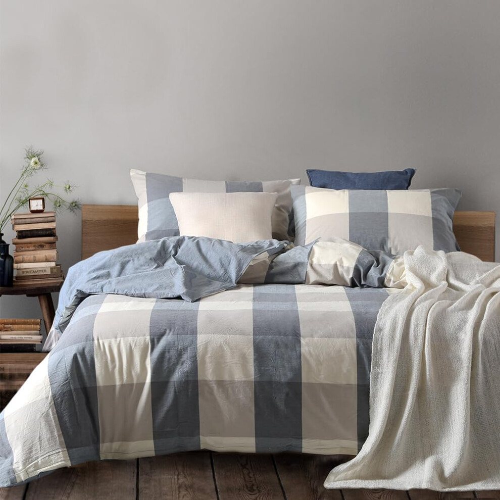 NSNLGSGC Navy Blue Gingham Duvet Cover Set Queen 100% Washed Cotton Buffalo Plaid Linen Feel Bedding Set Durable & Breathable Comforter Cover Set(3PCS