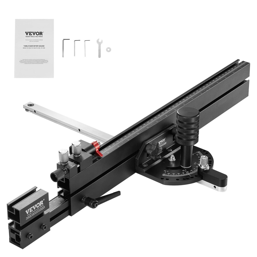 VEVOR Precision Miter Gauge  Standard Slot 3/4'' x 3/8''  Aluminum Alloy Table Saw Miter Gauge with 19-35 in Grating 15 Angle Stops Adjustable Spring