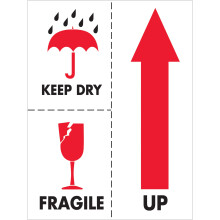"Houd Droog Breekbaar" Labels/Stickers, 3" x 4", Rood/Wit/Zwart, 500 Labels Per Rol (1 Rol)