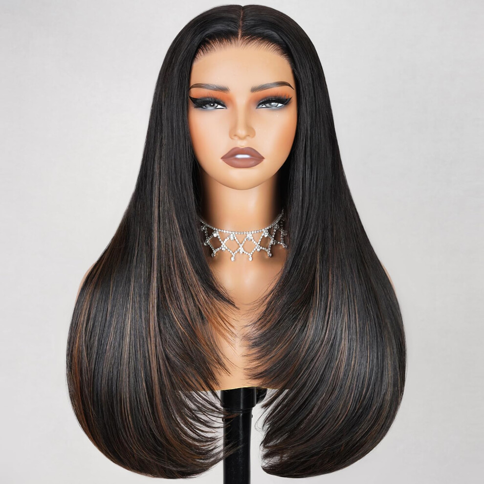 Teslal Unisex Human Hair Blend Highlight Wear And Go Glueless Wig Human Hair Pre Cut Stragiht Lace 6X6 Premium Fiber By Crafted Technology 30Inch 260% Densit