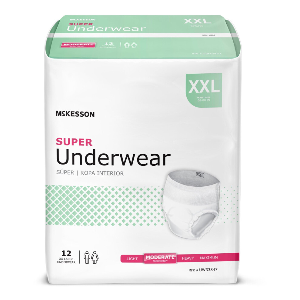 Mckesson Super Adult Incontinence Underwear [12 Count] Moderate Absorbency Xxl 68-80 In. Unisex Bladder Leak Protection Pull-On Style With Tear-A