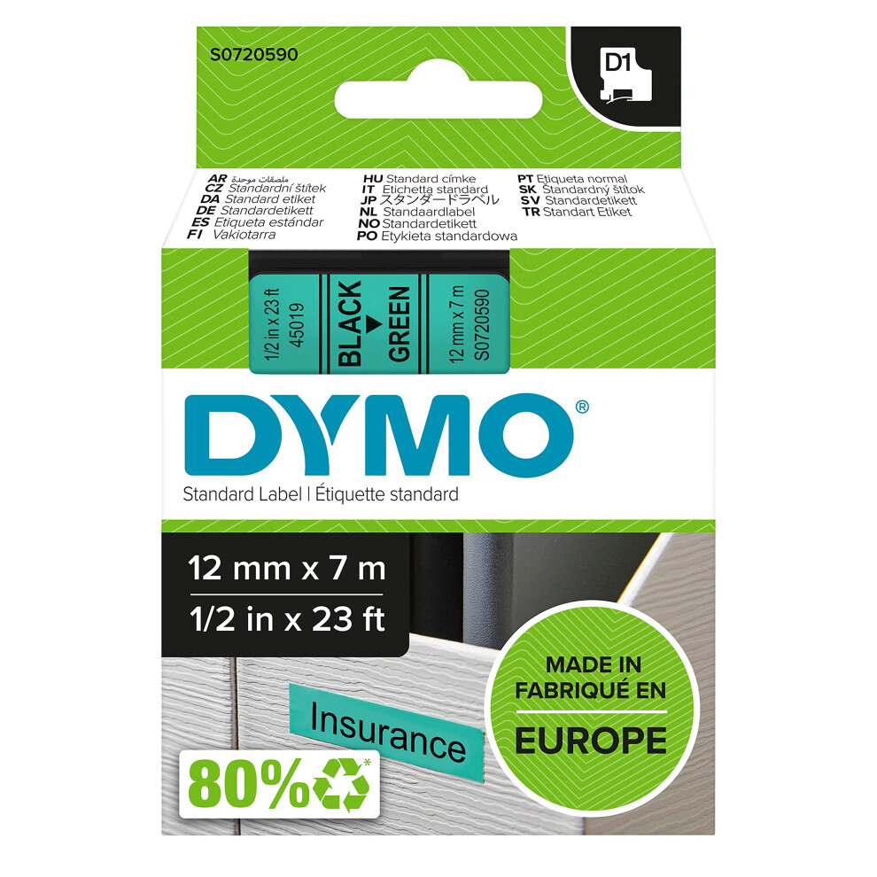 Dymo D1 Labels 12Mm X 7M Roll Print On Self-Adhesive Labels For Labelmanager Label Printers Authentic Green/Black