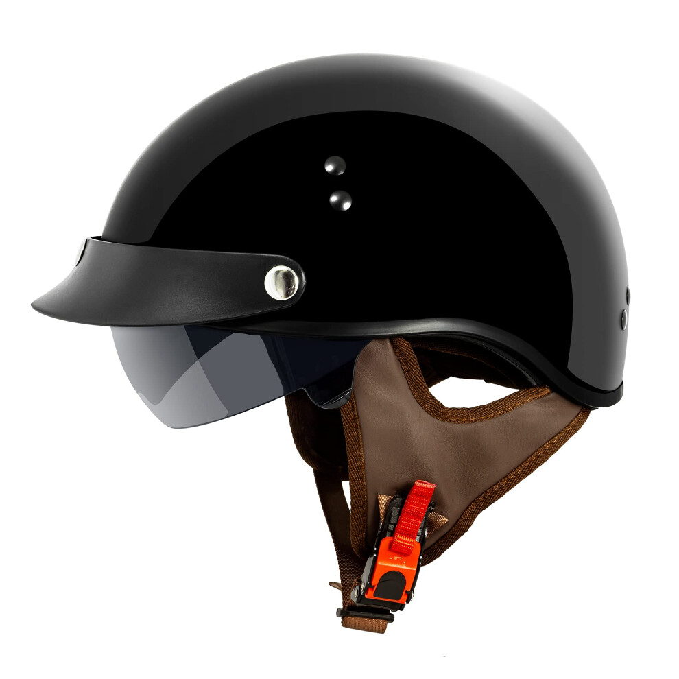 VCAN Cruiser Solid Gloss Black Half Face Motorcycle Helmet with Drop-Down Sun Visor  Removable Peak and Quick Release Buckle (X-Large)-image-OPC-PHFPCFK-NEW