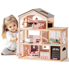ROBOTIME Wooden Dollhouse Doll House with 29 Pieces Furniture Set - Pool and Elevator Wooden Doll House for 4 5 6-Inch Dolls 6 Rooms Pink Dollhou