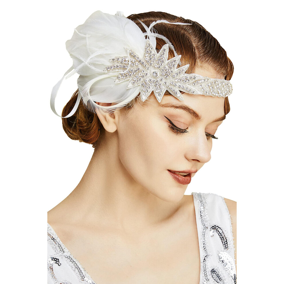 Babeyond Unisex White Vintage 1920S Flapper Headband Roaring 20S Great Gatsby Headpiece With Feather 1920S Flapper Gatsby Hair Accessories (White)