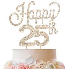 LINGTEER Tillykke med 25 ?rs f?dselsdag Guld Rhinestone Cake Topper - Cheers to 25th Birthday 25 ?rs jubil?umsfest Kage Centerpieces Topper Dekor