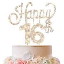 LINGTEER Tillykke med 16-?rs f?dselsdagen Guld Rhinestone Cake Topper - Cheers to 16th Birthday Seksten ?r gammel Party Cage Centerpieces Topper
