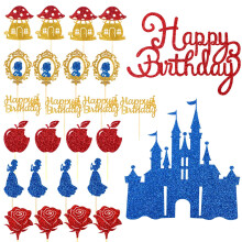 Wootkey 26 stk Glitter Princess Cake Topper S?t med Royal Blue Castle Tillykke med f?dselsdagen Cake Toppers R?d Rose ?ble Cupcake Toppers til Pr