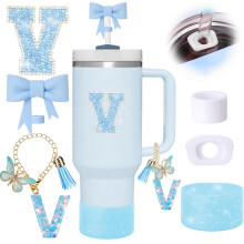 Set di 6 accessori blu per tazza Stanley, con fiocco, copricapo in cannuccia per tazza Stanley da 30 oz, 40 oz, compresi topper in cannuccia e ta