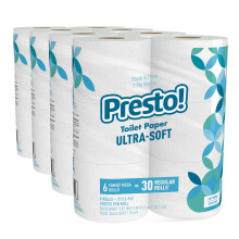 Brand de Amazon - Presto! Papel higinico ultra suave de 2 capas 24 Mega Rollos de la familia = 120 Rollos regulares 6 recuento (paquete de 4) sin pe