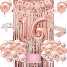 S?de 16 festpynt til piger Tillykke med 16 ?rs f?dselsdag Banner Kage Topper Balloner Sash and Tiara Rose Gold 16 f?dselsdagsfest tilbeh?r til pi