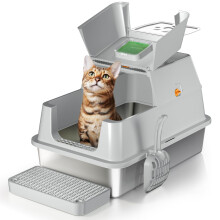 Eosarcu kattenbak van roestvrij staal met deksel 180 graden flip-top XL extra grote gesloten kattenbak afgedekte metalen kattenbak met treden en