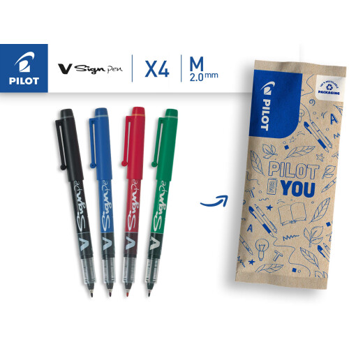 Pilot Pilot 2,0 mm V-Sign Pen Liquid Ink Tip - Sort/Bl/Rd/Grn (pakke med 4) 1